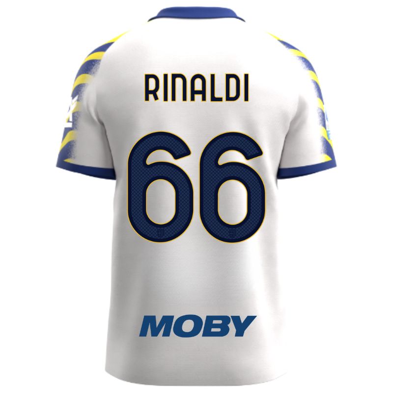 Maglia gara Parma Calcio Third bianca con colletto e maniche a strisce giallo-blu personalizzata con nome e numero Rinaldi 66, sponsor e patch serie A