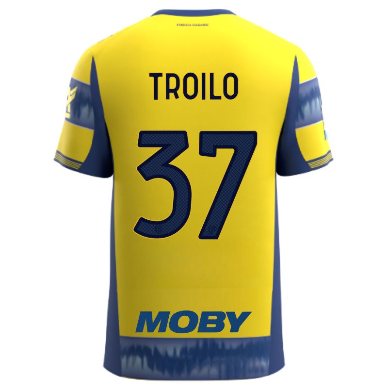 Maglia gara Parma Calcio Away gialla con righe e bande laterali blu personalizzata con nome e numero Troilo 37, sponsor e patch serie A