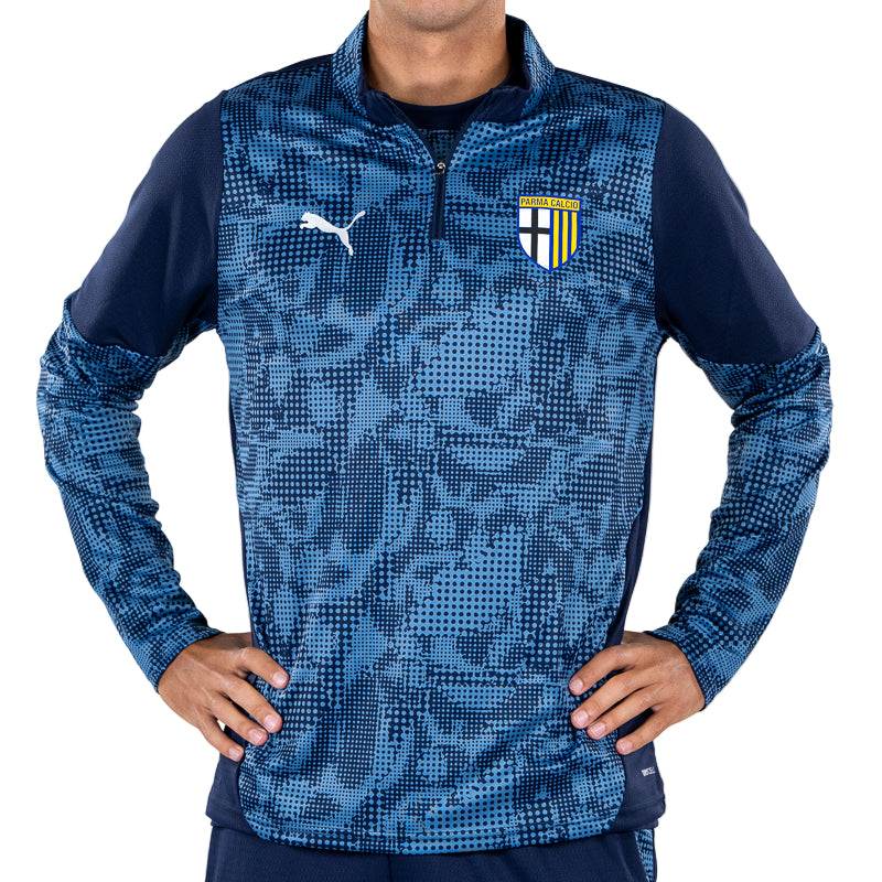 Felpa 1/4 zip training calciatori blu navy con fantasia geometrica e logo Parma Calcio e Puma
