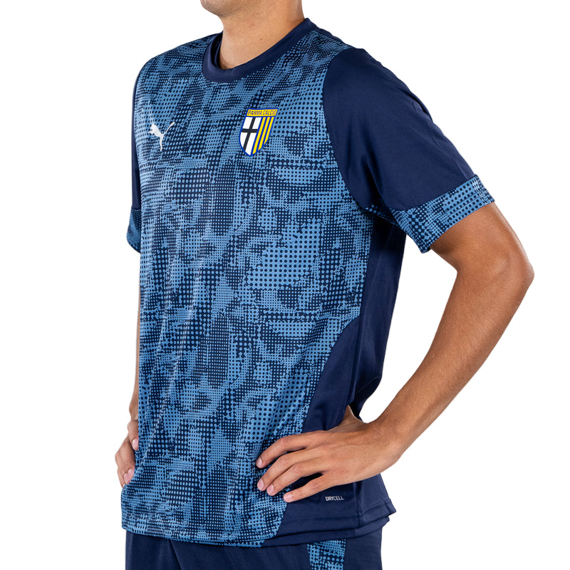 Maglia training calciatori blu navy con fantasia geometrica e logo Parma Calcio e Puma