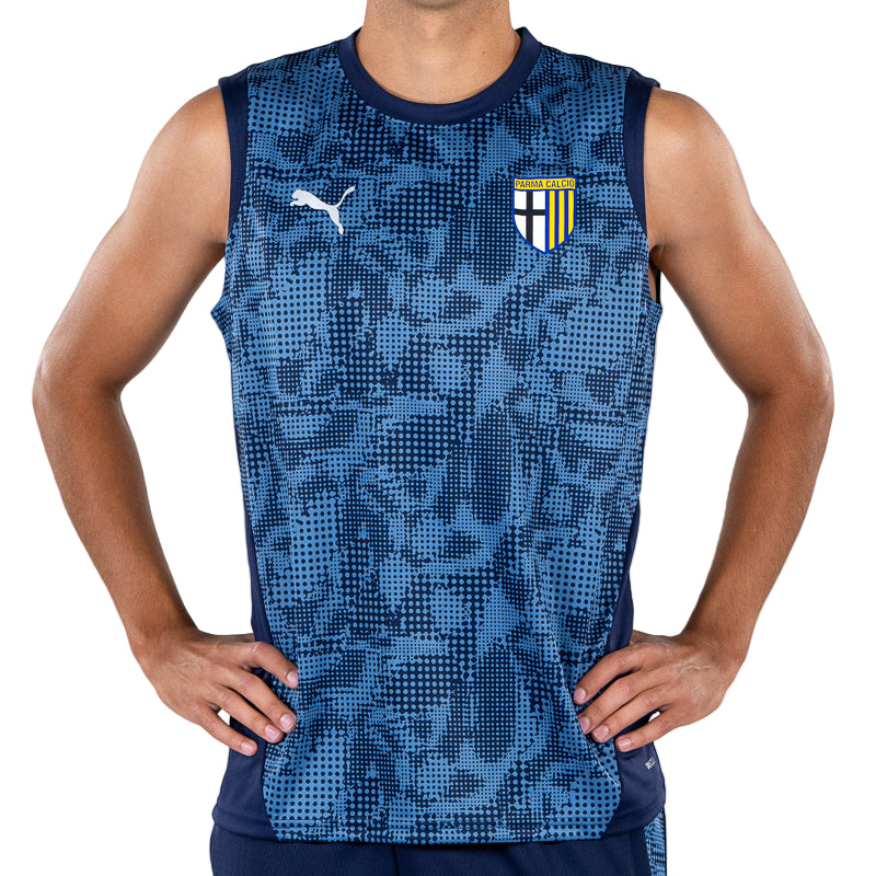 Canotta da allenamento uomo senza maniche blu navy con trama geometrica tono su tono, logo Puma e Parma Calcio
