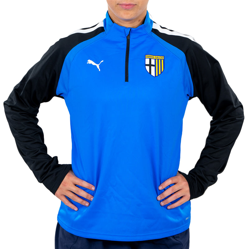 Fepa 1/4 zip training woman blu elettrico con strisce bianche sulle spalle e maniche nere