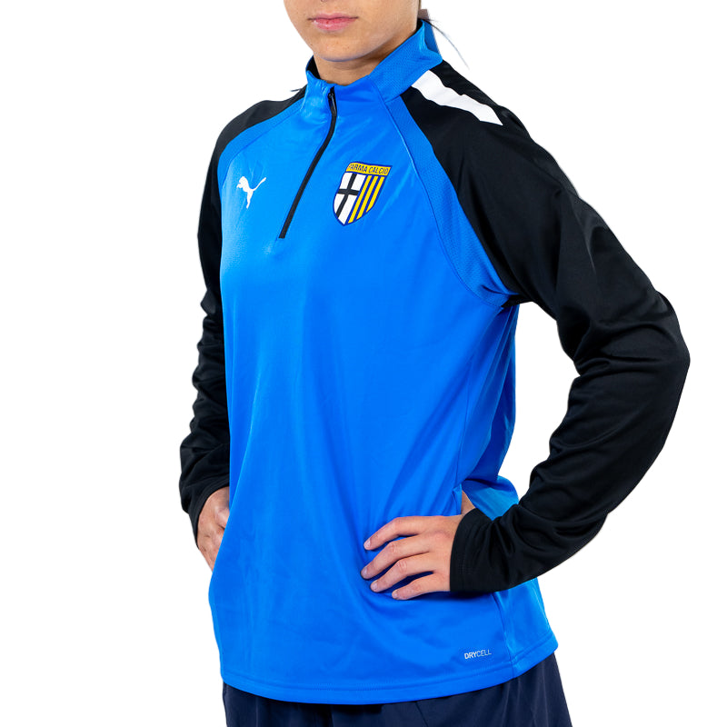 Fepa 1/4 zip training woman blu elettrico con strisce bianche sulle spalle e maniche nere