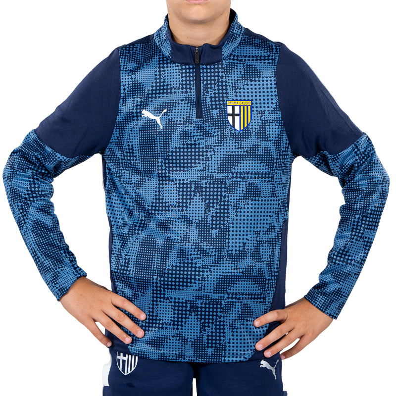 Felpa 1/4 zip Training Junior blu navy, con mezze maniche, trama geometrica sul fronte, logo Parma Calcio e Puma
