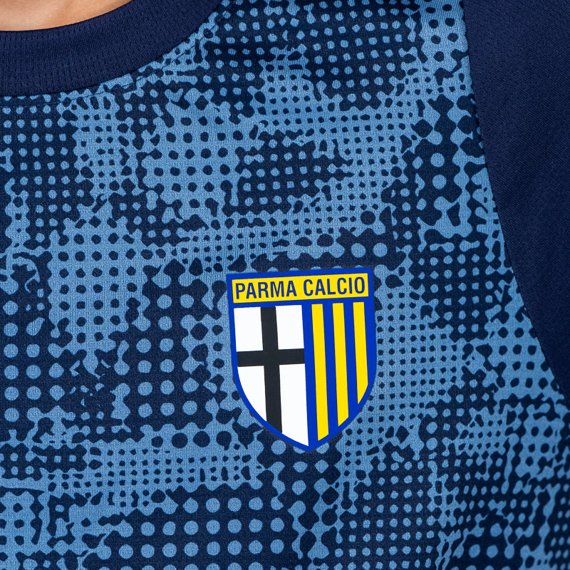 dettaglio logo Parma Calcio maglia training blu navy con trama geometrica