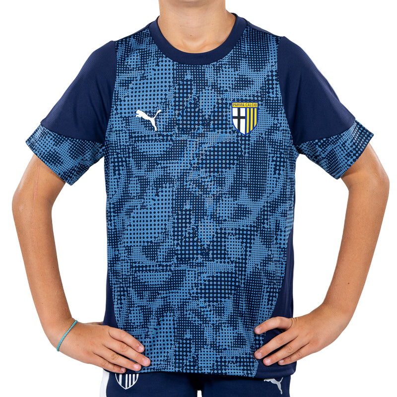 Maglia Training Junior blu navy, con mezze maniche, trama geometrica sul fronte, logo Parma Calcio e Puma