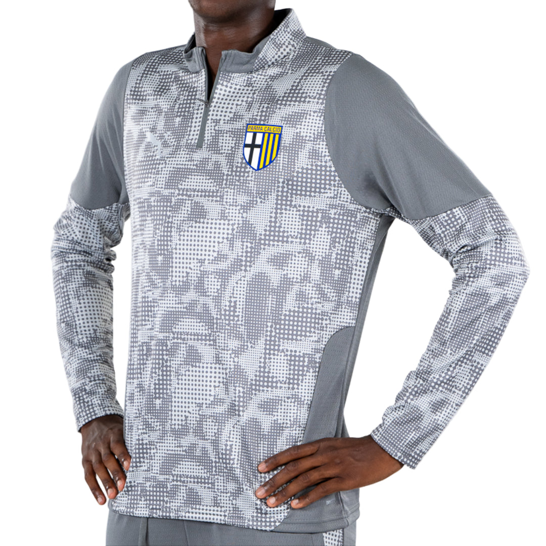 Felpa 1/4 zip allenamento adulto grigia con trama geometrica tono su tono, logo Puma e Parma Calcio