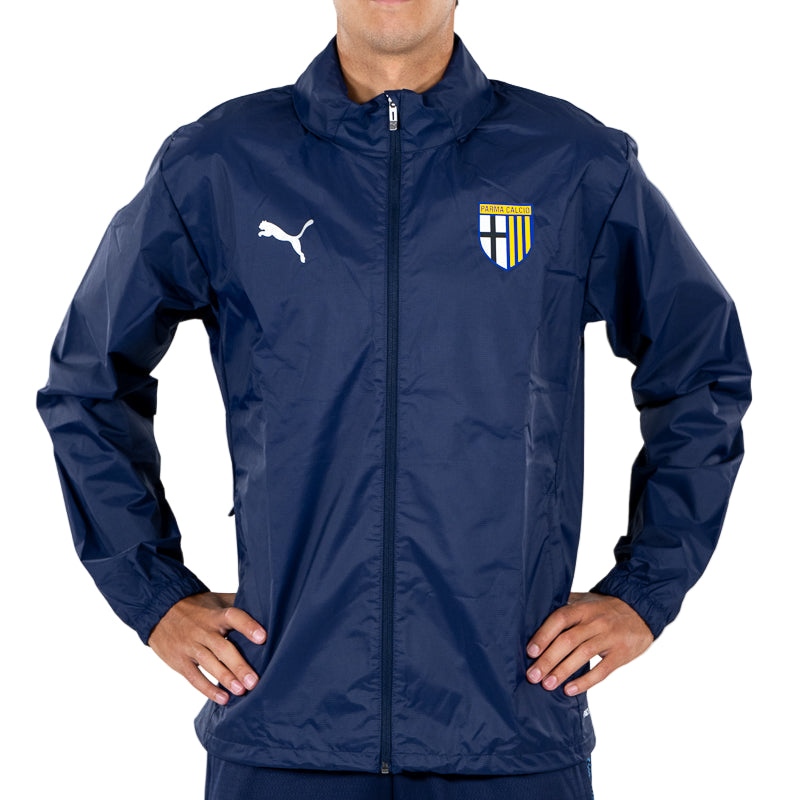 Giacca antipioggia allenamento adulto blu navy con cappuccio, zip, tasche laterali, logo Puma e Parma Calcio