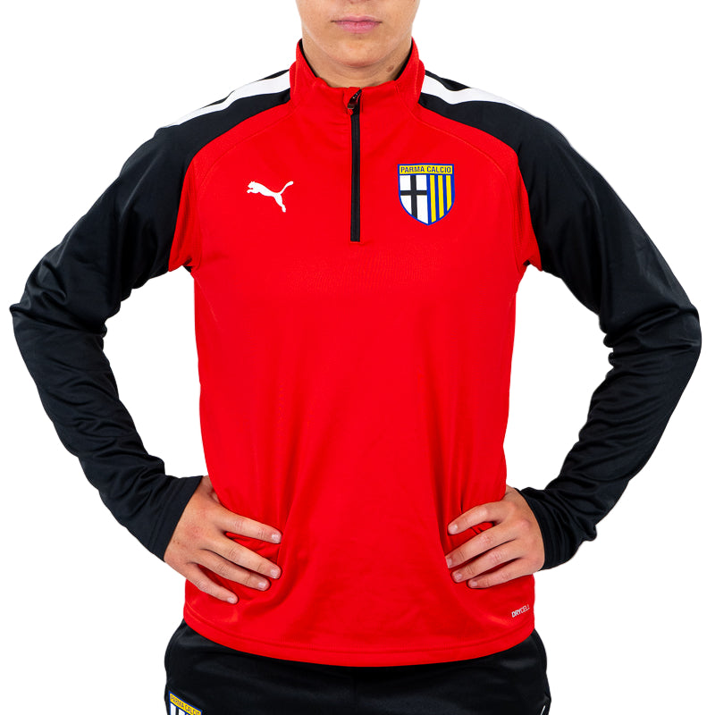 Felpa 1/4 zip training woman rossa con strisce bianche e nere sulle spalle