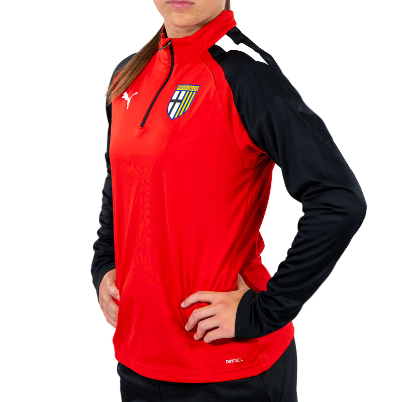Felpa 1/4 zip training woman rossa con strisce bianche e nere sulle spalle