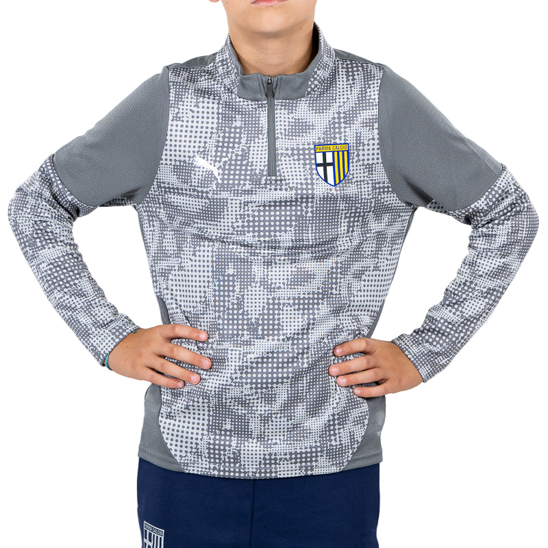 Felpa 1/4 zip allenamento bambino grigia con trama geometrica tono su tono, logo Puma e Parma Calcio