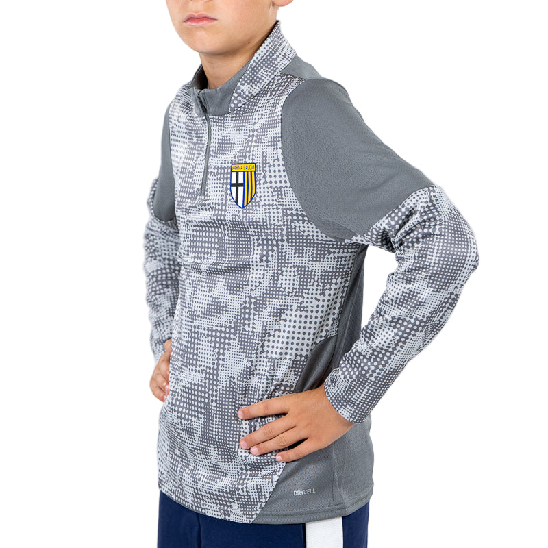 Felpa 1/4 zip allenamento bambino grigia con trama geometrica tono su tono, logo Puma e Parma Calcio