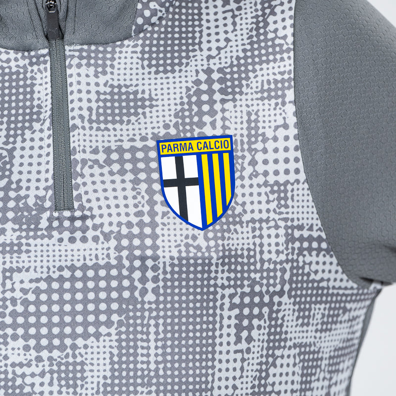dettaglio logo Parma Calcio felpa 1/4 zip training junior grigia con trama geometrica