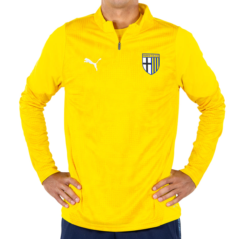 Felpa 1/4 zip allenamento adulto gialla con trama geometrica tono su tono, logo Puma e Parma Calcio