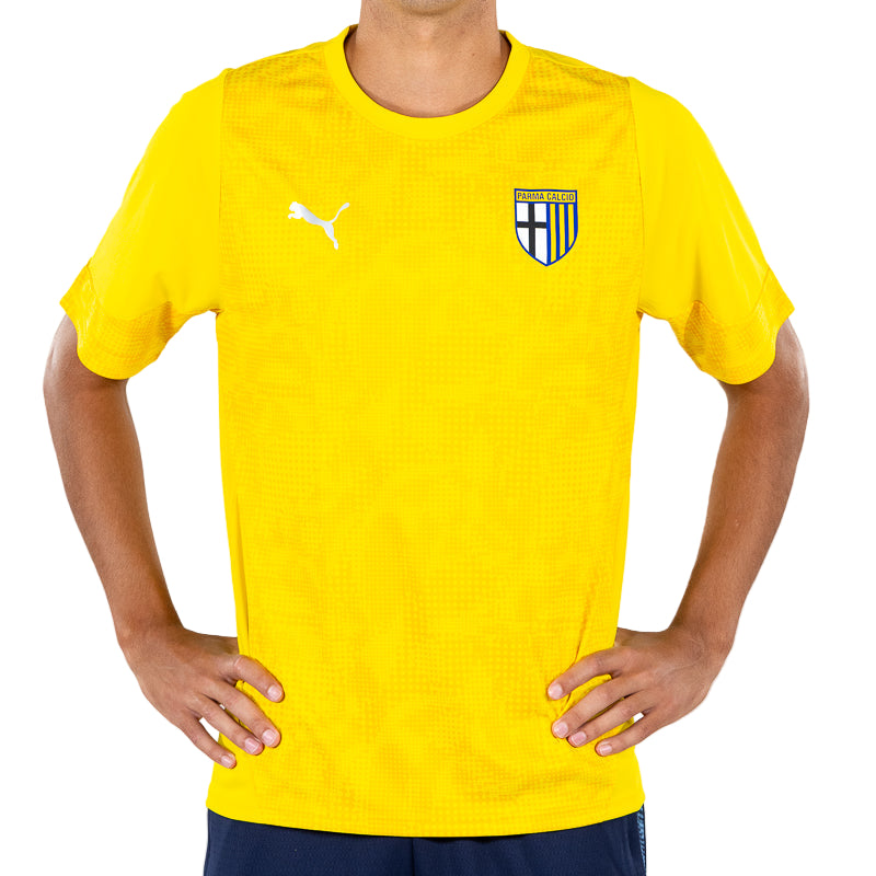 Maglia allenamento adulto gialla con trama geometrica tono su tono, logo Puma e Parma Calcio