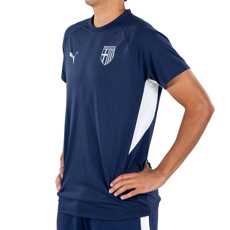 T-shirt blu navy uomo con bande laterali bianche, logo Parma Calcio e Puma