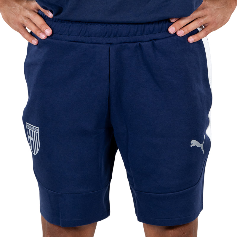 Bermuda blu navy uomo con bande laterali bianche, elastico in vita, logo Parma Calcio e Puma
