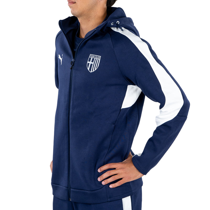 Felpa con cappuccio e zip uomo blu navy, bande laterali bianche in vita e sulle maniche, logo Parma Calcio e Puma