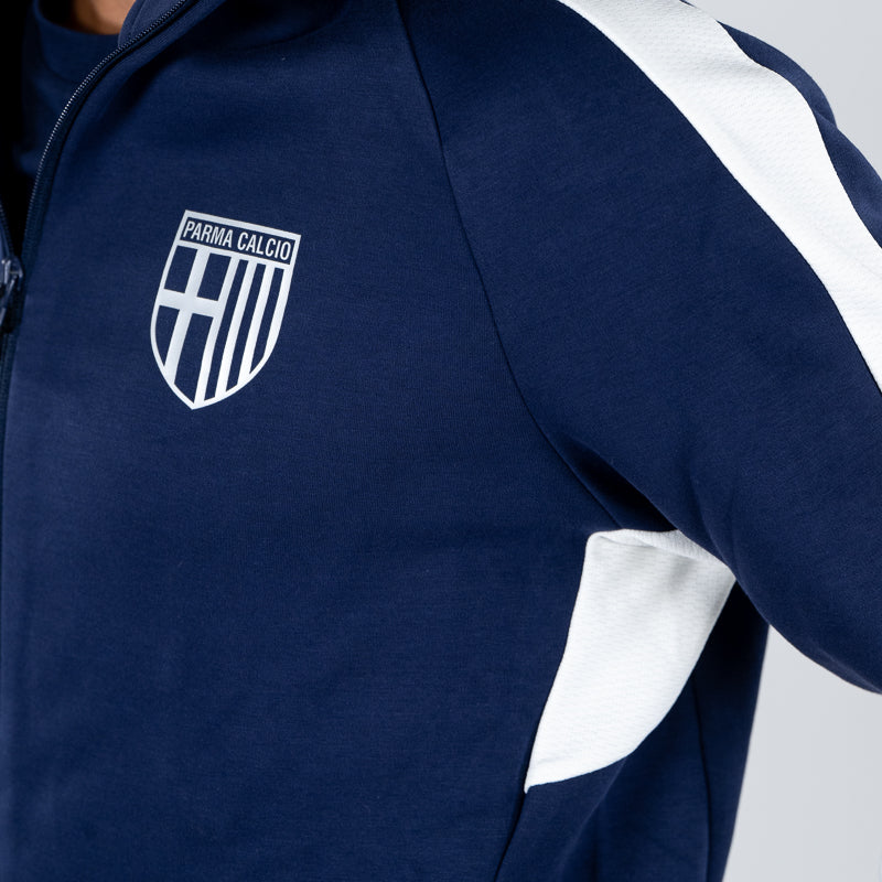 Felpa con cappuccio e zip uomo blu navy, bande laterali bianche in vita e sulle maniche, logo Parma Calcio e Puma