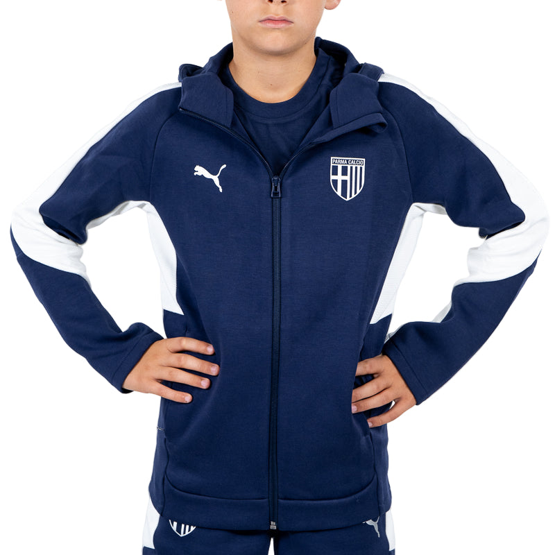 Felpa con cappuccio e zip woman blu navy , bande laterali in vita e sulle maniche, lo Parma Calcio e Puma