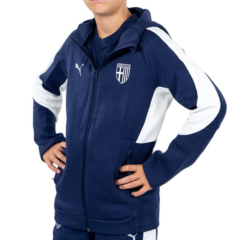 Felpa con cappuccio e zip bambino blu navy , bande laterali in vita e sulle maniche, lo Parma Calcio e Puma