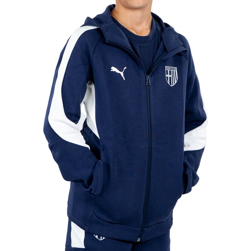 Felpa con cappuccio e zip bambino blu navy , bande laterali in vita e sulle maniche, lo Parma Calcio e Puma