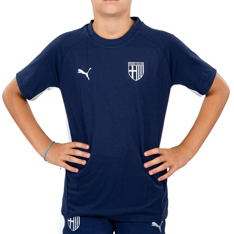 T-shirt blu navy bambino con bande laterali bianche, logo Parma Calcio e Puma