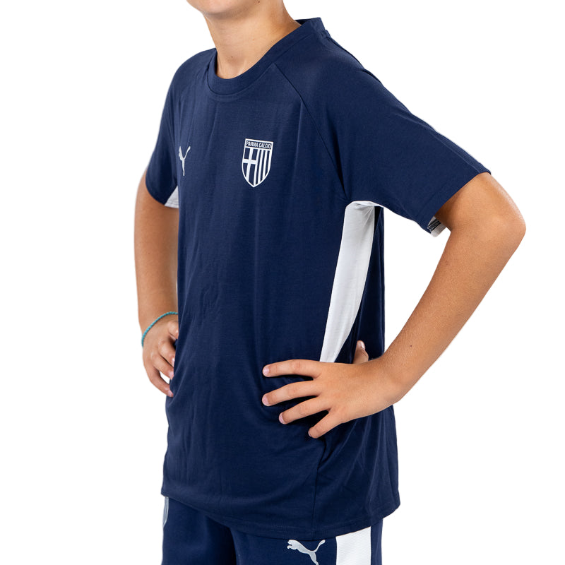 T-shirt blu navy bambino con bande laterali bianche, logo Parma Calcio e Puma