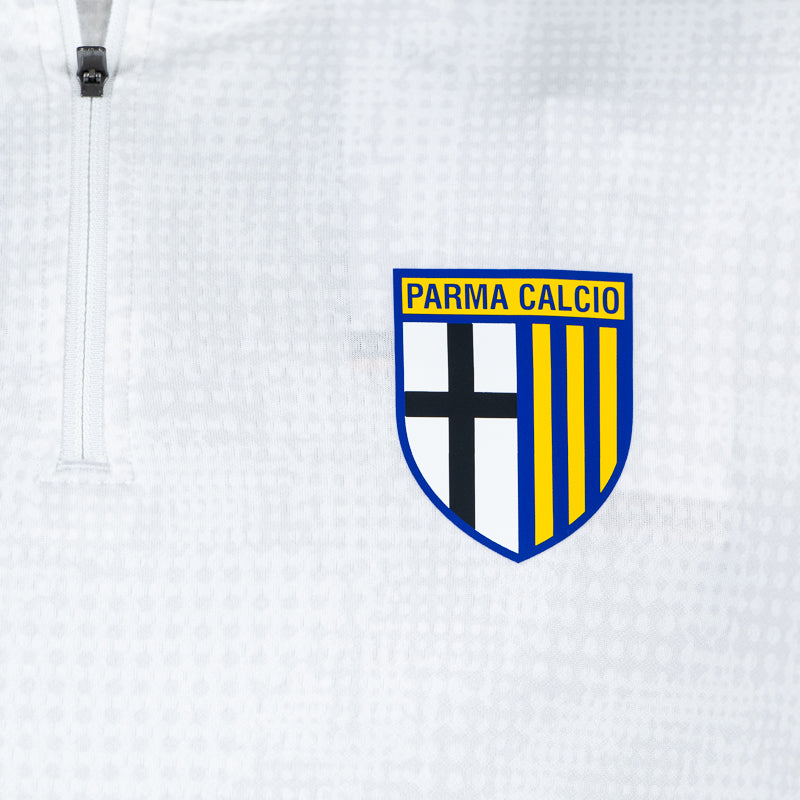 Dettaglio Logo Parma Calcio felpa 1/4 zip bianca pre-match uomo