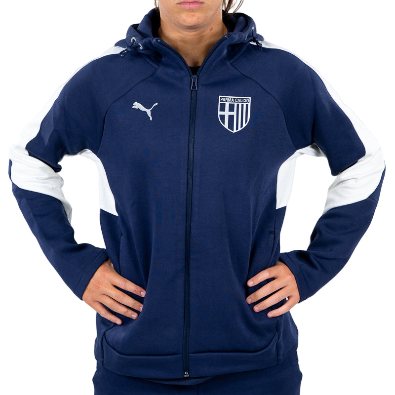 Felpa con cappuccio e zip woman blu navy , bande laterali in vita e sulle maniche, lo Parma Calcio e Puma