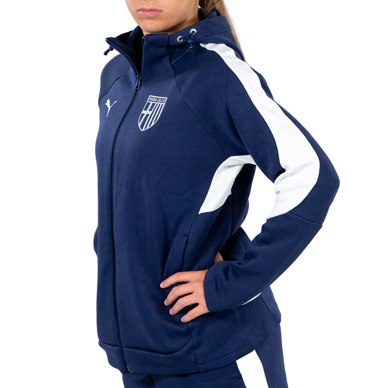 Felpa con cappuccio e zip woman blu navy , bande laterali in vita e sulle maniche, lo Parma Calcio e Puma