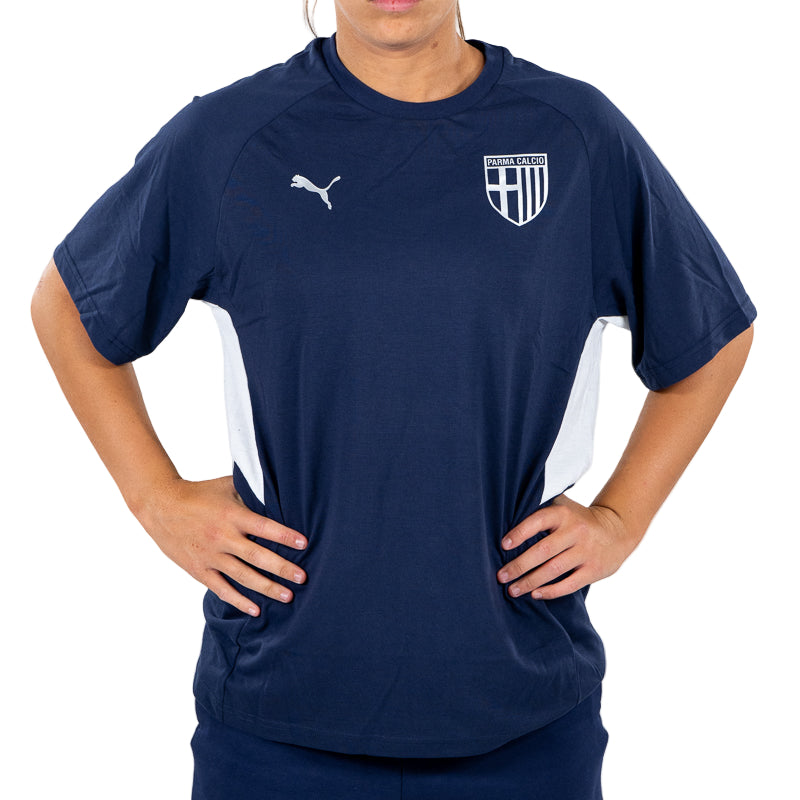 T-shirt blu navy woman con bande laterali bianchi, logo Parma Calcio e Puma
