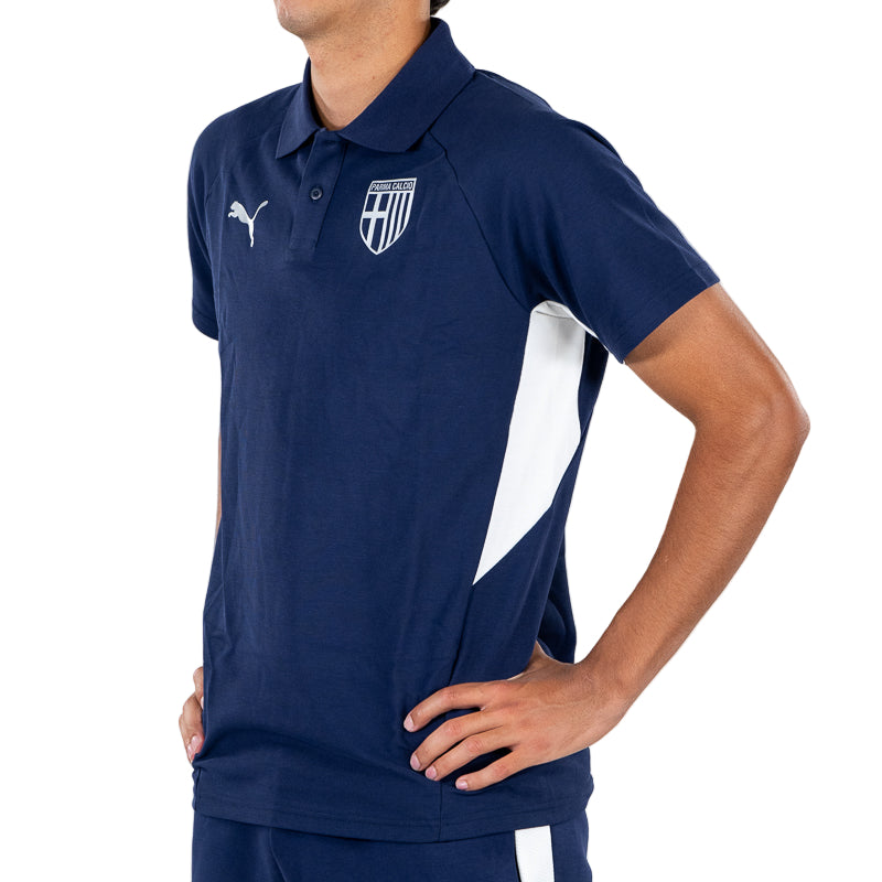 Polo blu navy uomo con bande laterali bianchi, colletto revers, logo Parma Calcio e Puma