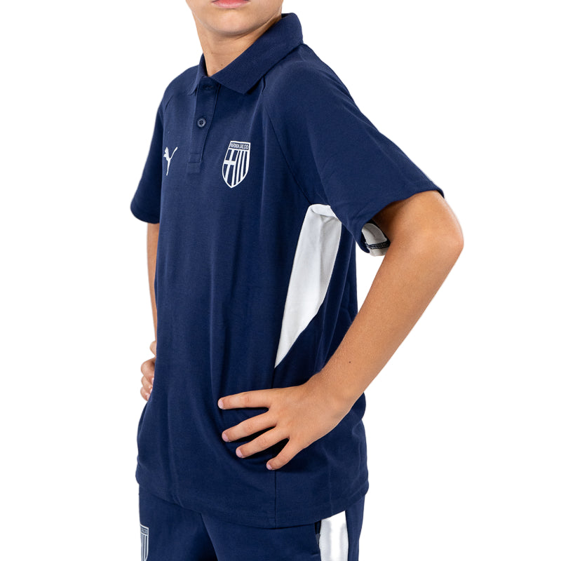 Polo blu navy bambino con bande laterali bianche, colletto revers, logo Parma Calcio e Puma