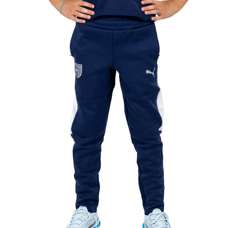 Pantalone tuta lungo blu navy bambino con elastico in vita, bande laterali bianche, logo Parma Calcio e logo Puma