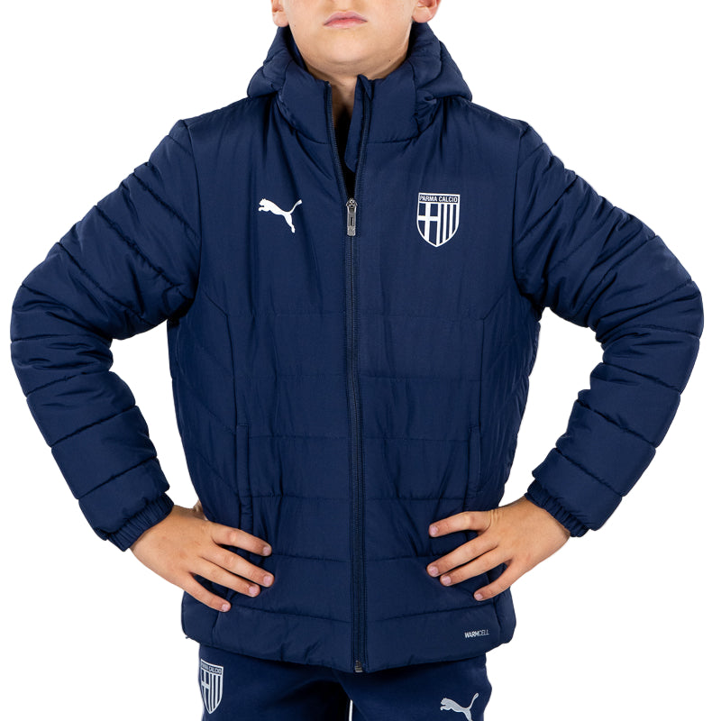 Giacca imbottita blu navy bambino con cappuccio, zip, tasche laterali, logo Parma Calcio e logo Puma