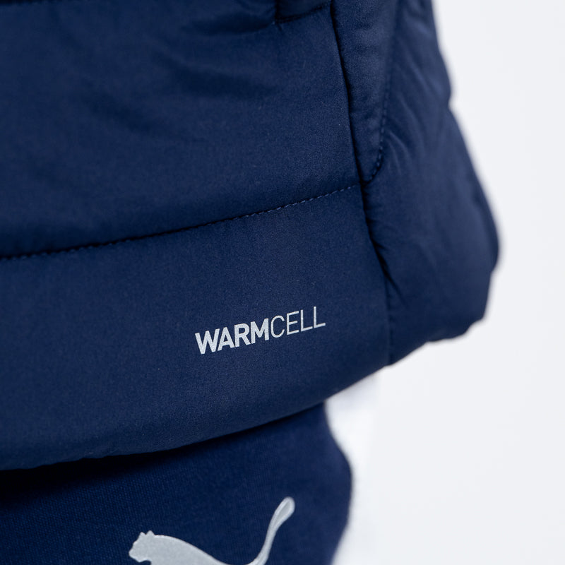 Giacca imbottita blu navy bambino con cappuccio, zip, tasche laterali, e dettaglio scritta Warmcell