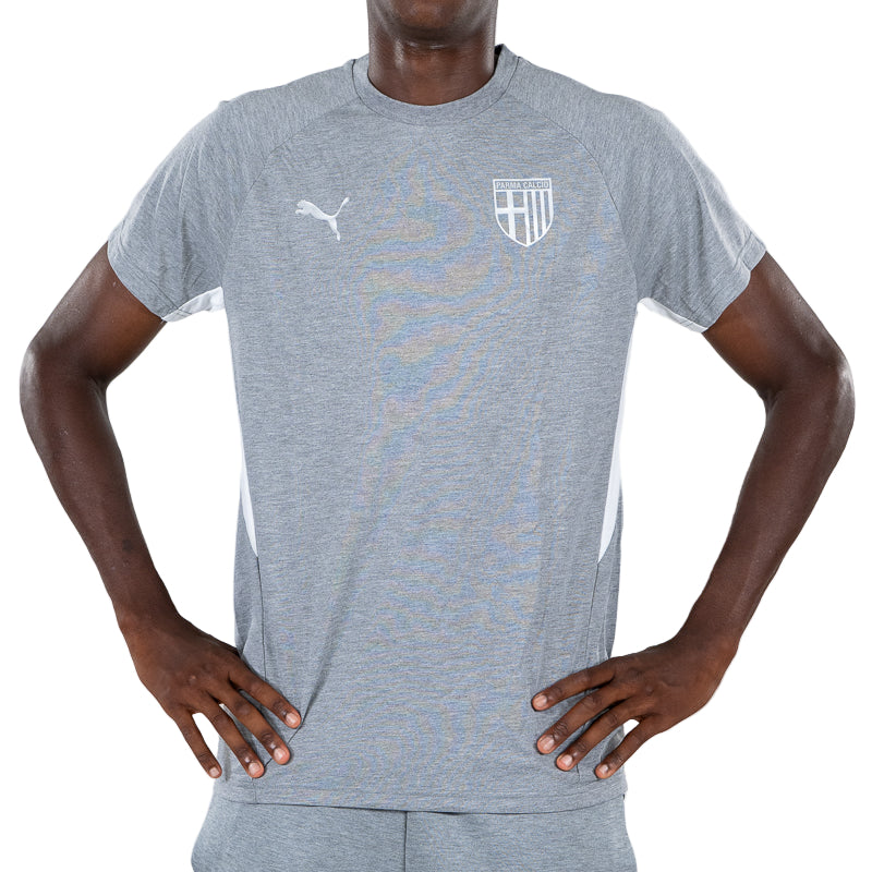 T-shirt grigia uomo con bande laterali bianchi, logo Parma Calcio e Puma