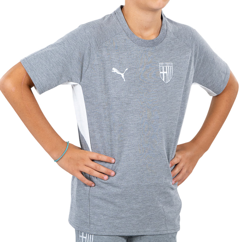 T-shirt grigio bambino con bande laterali bianche, logo Parma Calcio e Puma