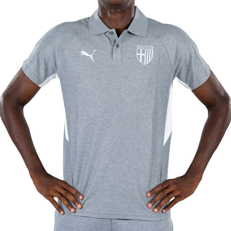 Polo grigia uomo con bande laterali bianchi, logo Parma Calcio e Puma