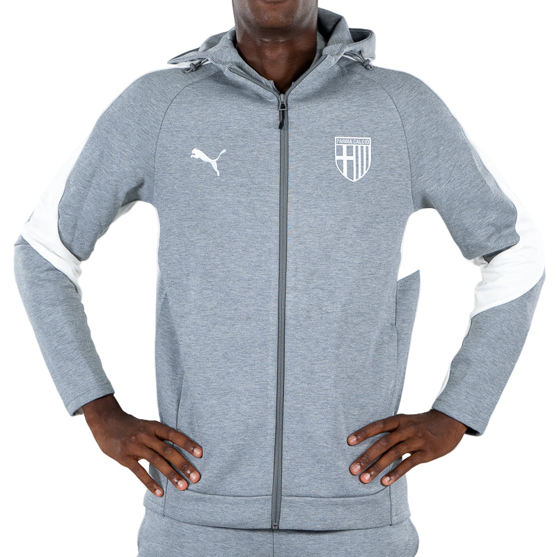 Felpa con cappuccio e zip uomo grigia, bande laterali in vita e sulle maniche, logo Parma Calcio e Puma