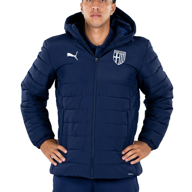 Giacca imbottita blu navy uomo con cappuccio, zip, tasche laterali, logo Parma Calcio e logo Puma