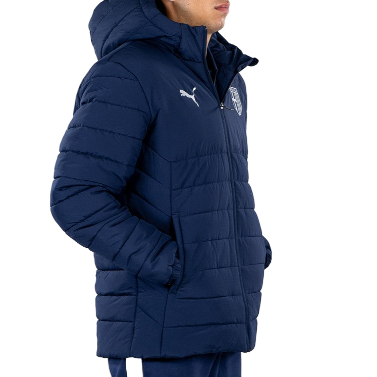 Giacca imbottita blu navy uomo con cappuccio, zip, tasche laterali, logo Parma Calcio e logo Puma