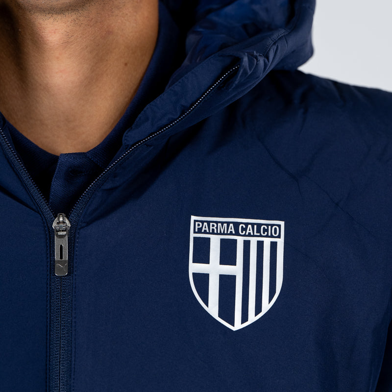 Giacca imbottita blu navy uomo con cappuccio, zip, tasche laterali, logo Parma Calcio e logo Puma