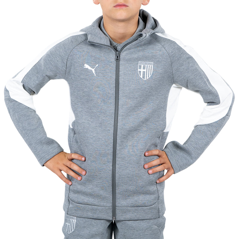 Felpa con cappuccio e zip bambino grigia, bande laterali bianche in vita e sulle maniche, logo Parma Calcio e Puma