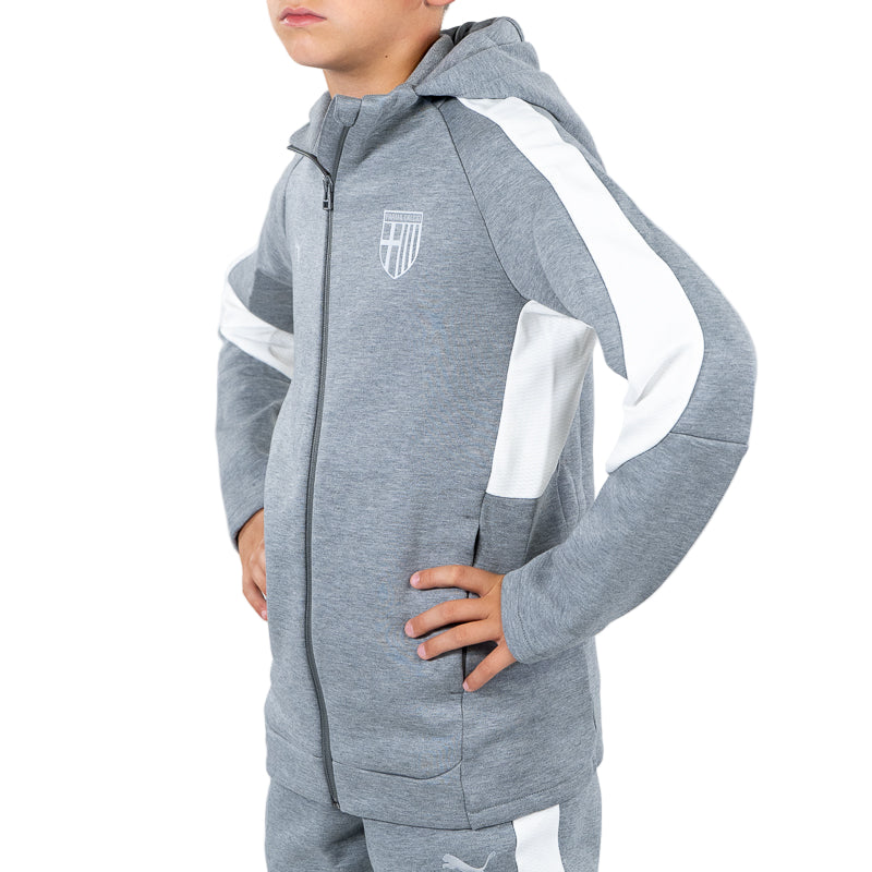 Felpa con cappuccio e zip bambino grigia, bande laterali bianche in vita e sulle maniche, logo Parma Calcio e Puma