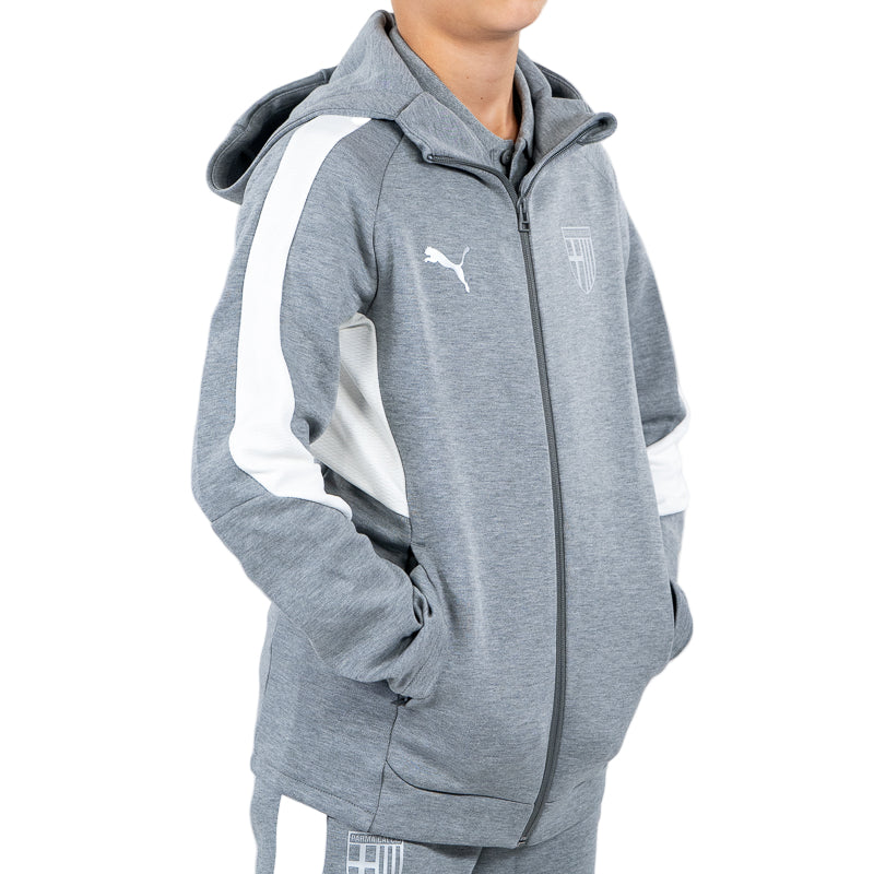 Felpa con cappuccio e zip bambino grigia, bande laterali bianche in vita e sulle maniche, logo Parma Calcio e Puma