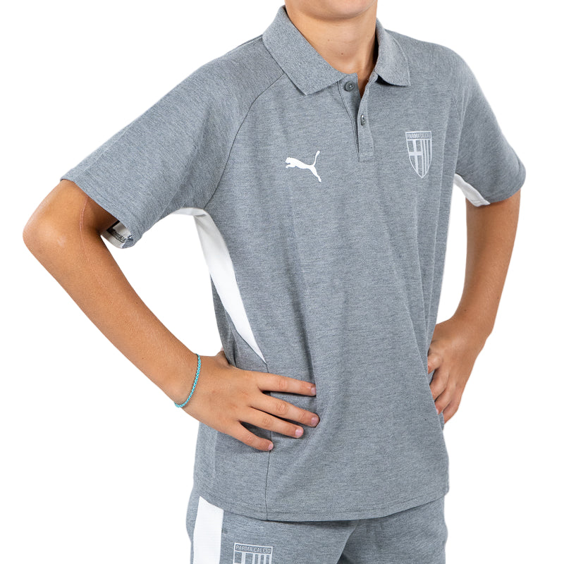 Polo grigio bambino con bande laterali bianche, colletto revers, logo Parma Calcio e Puma