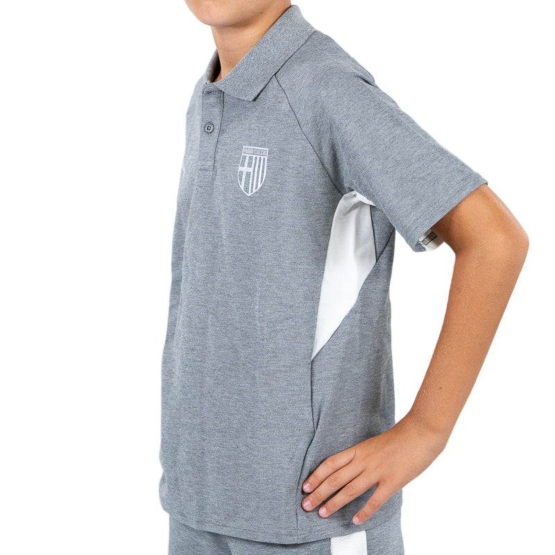 Polo grigio bambino con bande laterali bianche, colletto revers, logo Parma Calcio e Puma