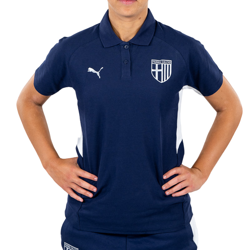 Polo blu navy woman con bande laterali bianchi, logo Parma Calcio e Puma
